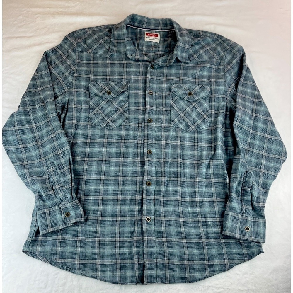 Wrangler‎ Shirt Mens Extra Large Green Grey Plaid Fleece Button Up Long Sleeve